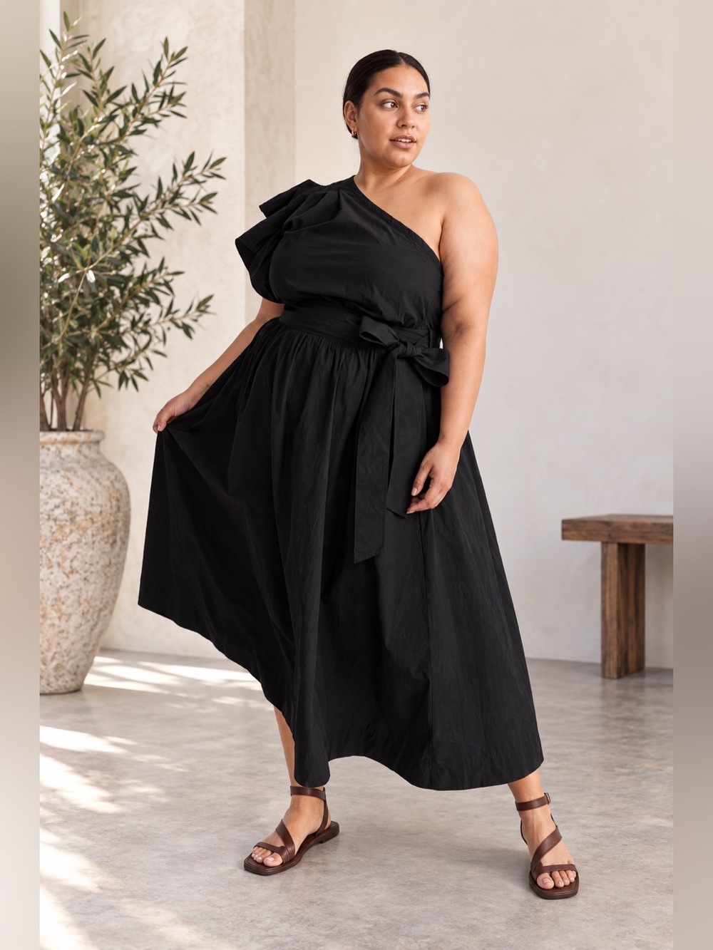 Madewell Ruffle One Shoulder Black Midi Dress Tie Waist Cotton 14W